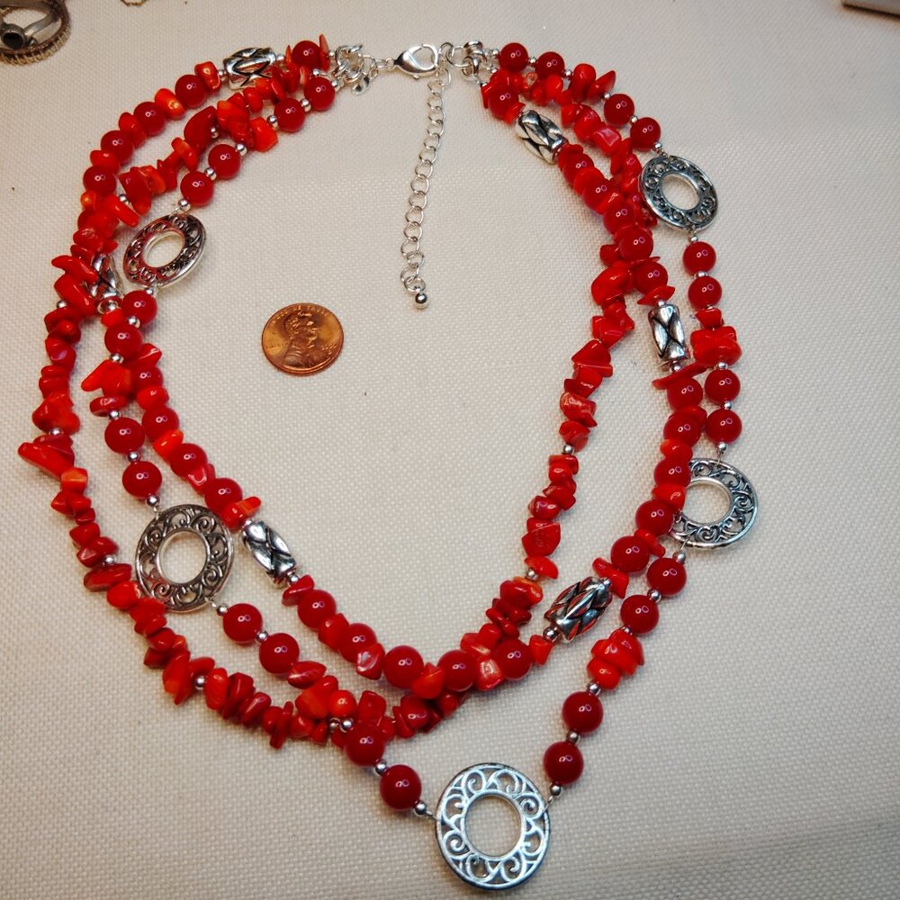 Premier Designs Triple Strand Red Coral Glass Bead Necklace Silver Accents